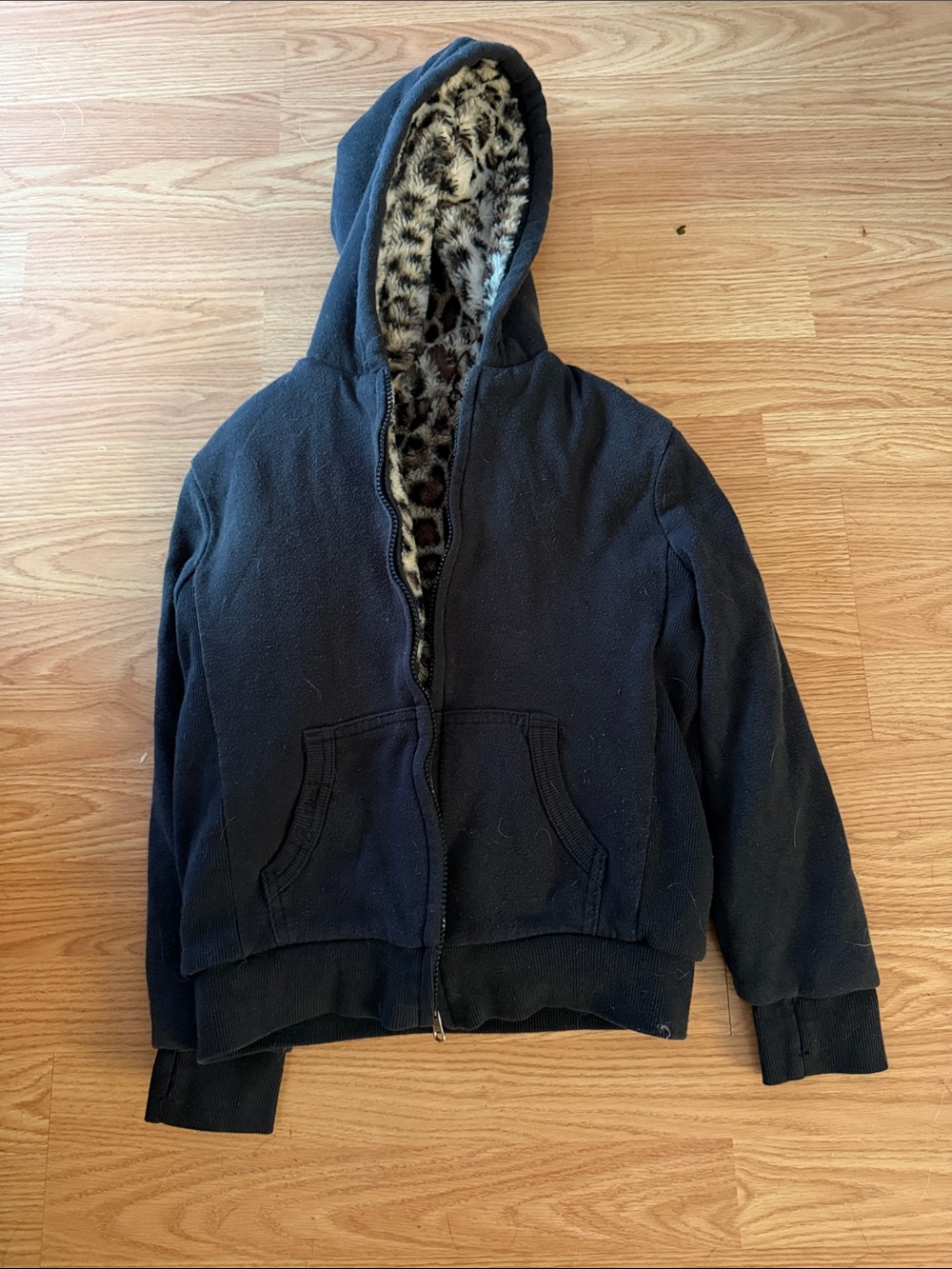 Butter Kids Black Zip Hoodie with Leopard Faux Fur Lining
